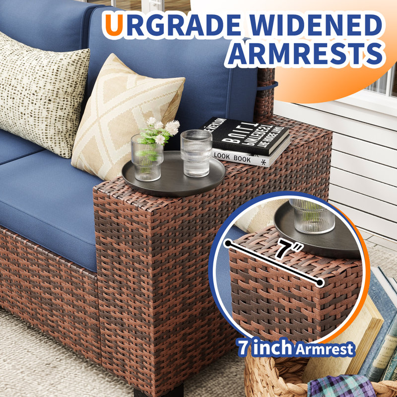 5 - Person Wicker Outdoor Modular Sectional Seating Group with Cushions, Navy Cushion/Brown Frame, 6 Pcs: Table, 5 Chairs