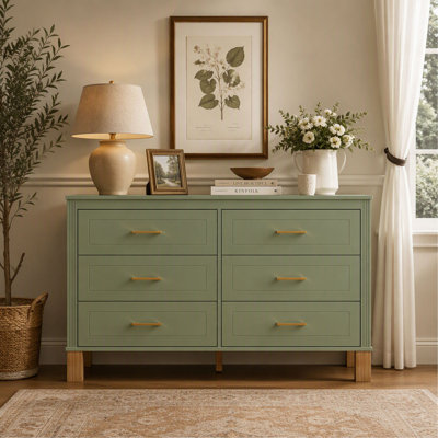 Commode double à 6 tiroirs avec poignées en métal et pattes en bois massif, meuble de rangement moderne pour chambre d'enfant
