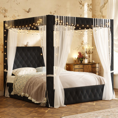 Upholstered Tufted Canopy Bed with Deep Button Headboard and Padded Frame, Modern Velvet Four Poster Bed for Bedroom Black, Queen