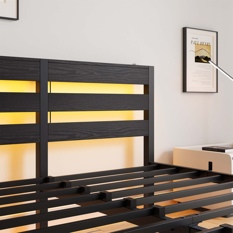 Queen Black Metal Bed Frame with Wooden Headboard and RGB Lights