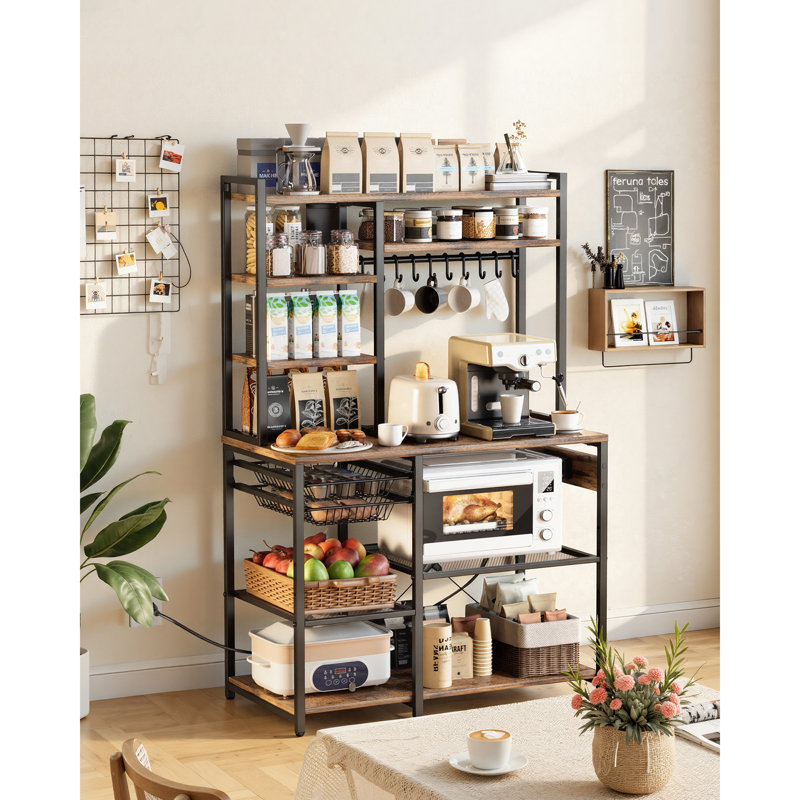 Étagère de boulanger de cuisine, étagère de boulanger avec câble d'alimentation de 5 pi avec prise de courant, support de cuisine avec barre de support en forme de X, 10 crochets en forme de S, support de bar à café pour les plats, bouteilles d'épices, multiprise intégrée