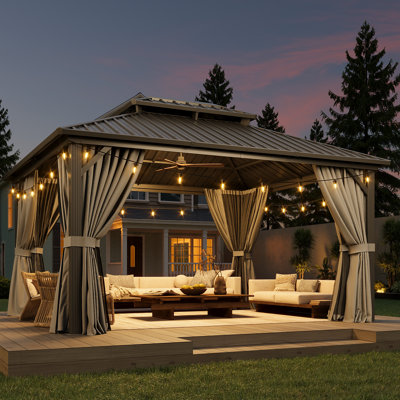 14 pi. L 12 pi. D Pavillon de jardin à double toit avec lumières à énergie solaire
