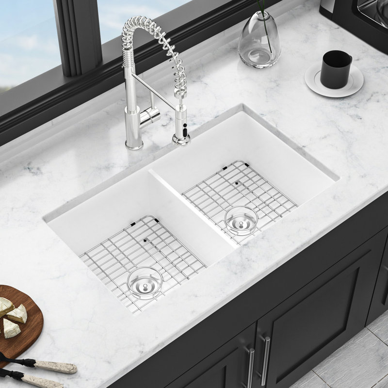 Évier double encastré en céramique 32 po - cuve blanche pour une organisation pratique de la cuisine