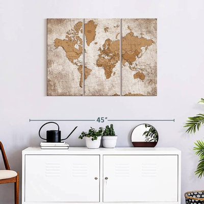 "Géographie du monde carte IV", ensemble de 3 reproductions sur toile par Tess P