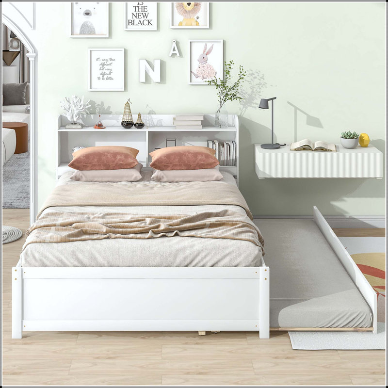 Full Size Bed with Trundle and Bookcase Headboard – White