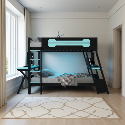 Bunk Bed With Two Built-In Gaming Desks, USB Desktop Ports & Pegboard Organizer, Gaming Bunk Frame For Gamer