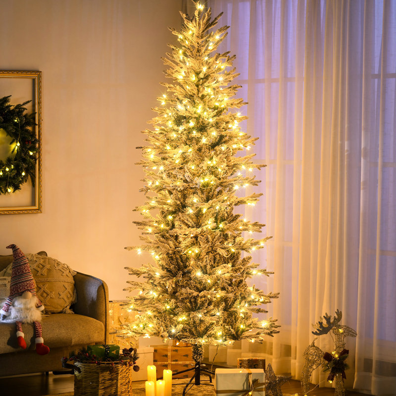 7.5ft Tree, 850 Snow Flocked Twigs, 350 Warm Lights, Auto Open, Flame , Simple Assembly Arrangement Fashion
