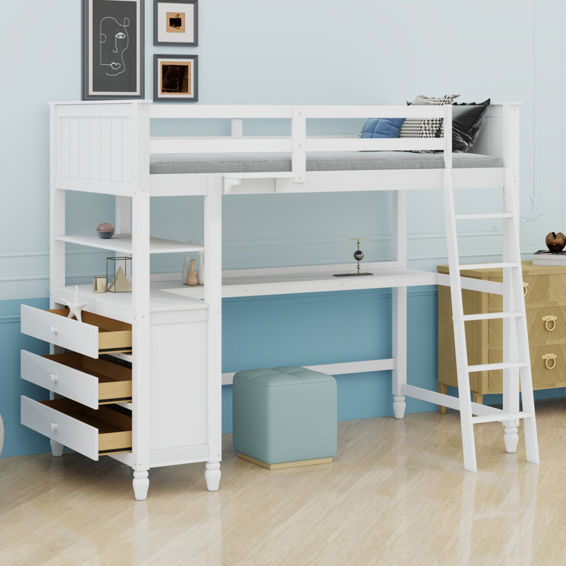 Lit mezzanine avec bureau, tiroirs et tablettes, Blanc