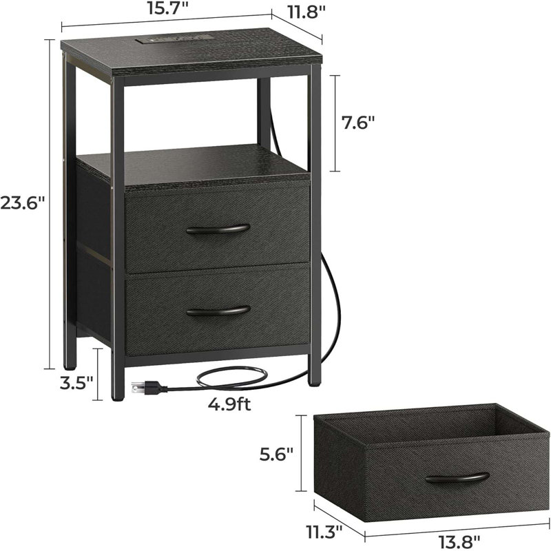 Nightstand With Charging Station, Side Table With Fabric Drawers, End Table With Open Shelf, Bedside Table With USB Ports And Outlets, Night Stand For Bedroom, Black