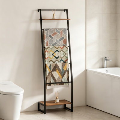 Échelle à couvertures avec tablette, porte-couvertures mural à 6 niveaux, étagère de rangement pour salle de bain, salon, chambre à coucher, support rustique en métal brun et noir