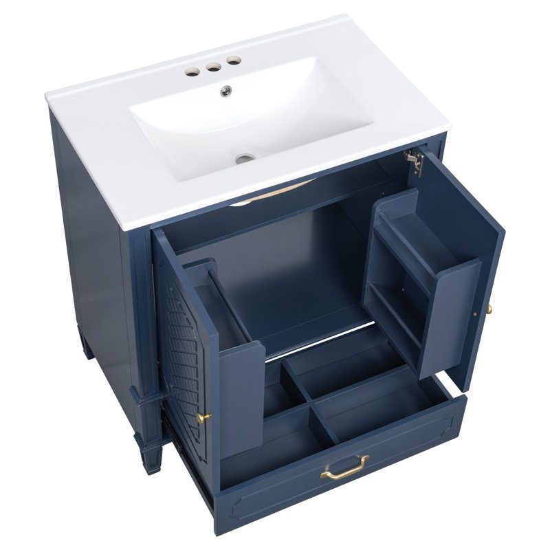 [Vidéo] Meuble-lavabo de 30 po avec lavabo style rétro, espace de rangement multifonctionnel, tablette de porte, porte à fermeture douce, bleu