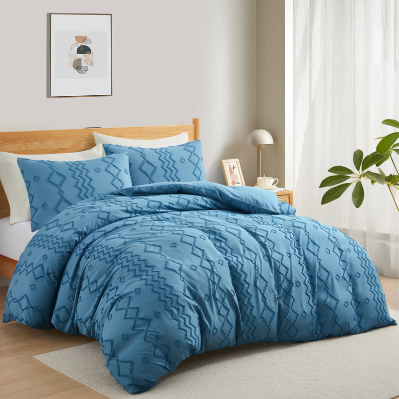 Diamond Navy Blue Embroidered Queen Duvet Cover Set