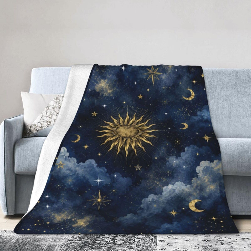 Couverture en flanelle ultra douce à motif ciel céleste soleil lune étoiles nuages, jeté léger et moelleux, couverture chaude et douillette pour canapé, lit, salon, chambre, camping, 76 x 102 cm
