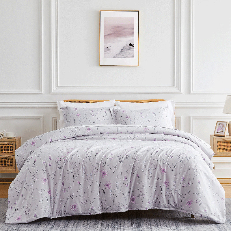 Secret Meadow Microfiber Reversible Duvet Cover Set, Queen Duvet Cover + 2 Standard Shams, Gray Floral 2