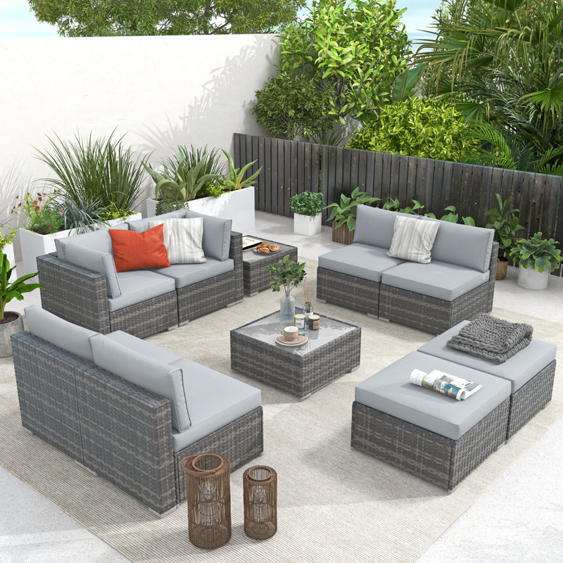 Wicker 8 - Person Modular Patio Conversation Set with Cushions, Gray Frame/Light Gray Cushion