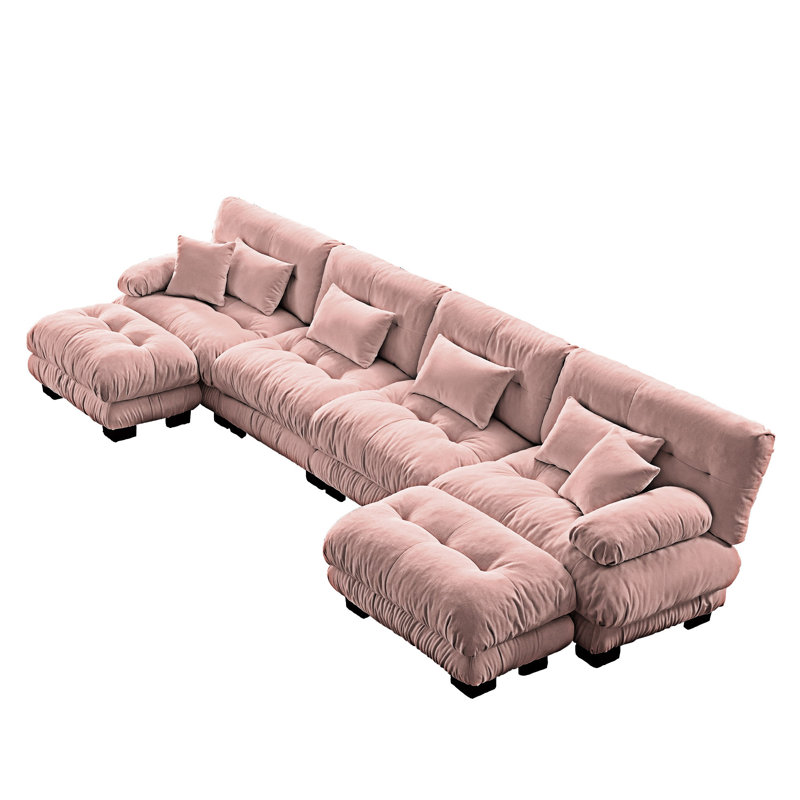 Modular Sectional Sofa Couch With Convertible Ottomans, Pink, 4, 35.43" H x 173.23" W x 36.03" D