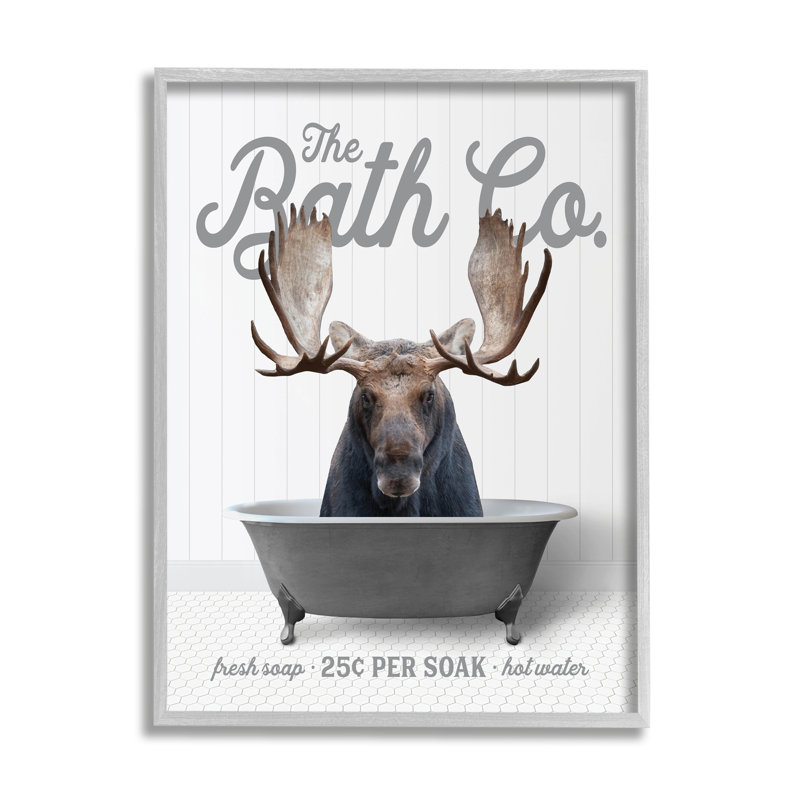 " Moose In Tub ", 14" H x 11" W x 1.5" D, Coastal White Framed Giclee