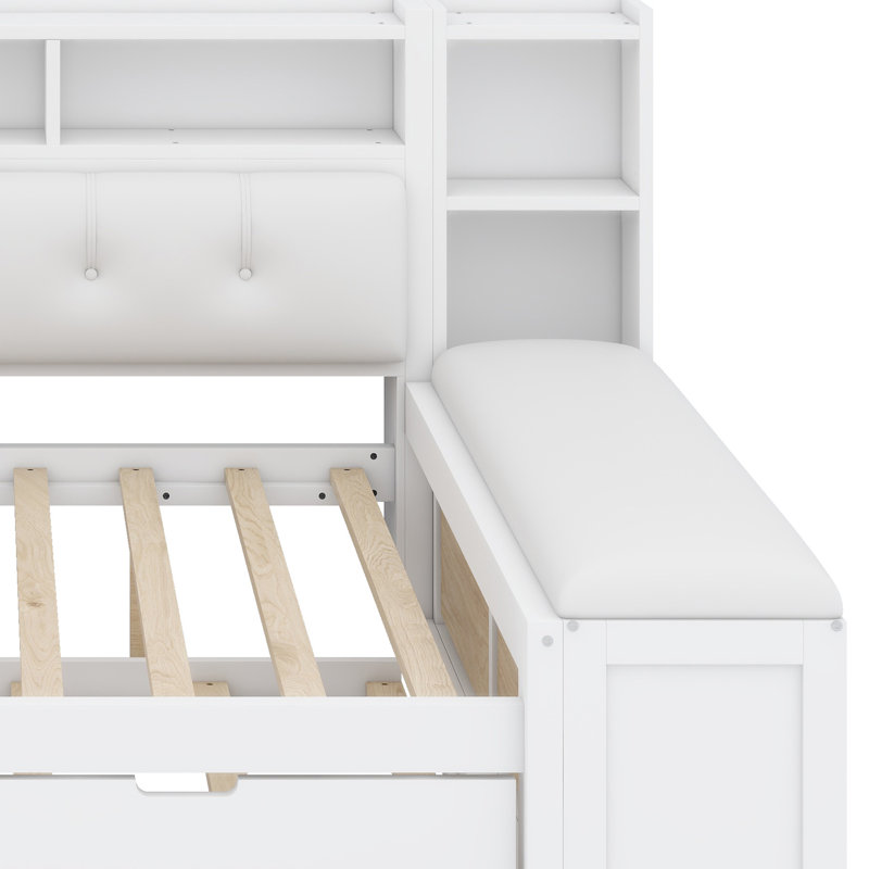 Multifunctional Daybed Frame with Trundle, Side Storage, and Charging Hub – Complete with Bench and Upholstered Headboard