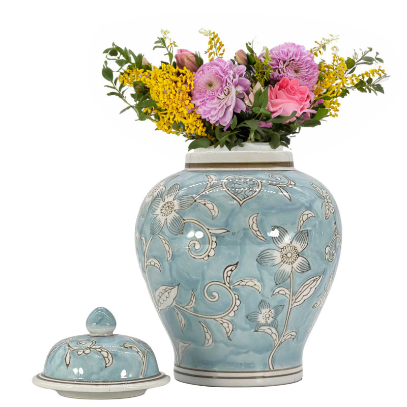 Light Blue Floral Ceramic Ginger Jar, 12"
