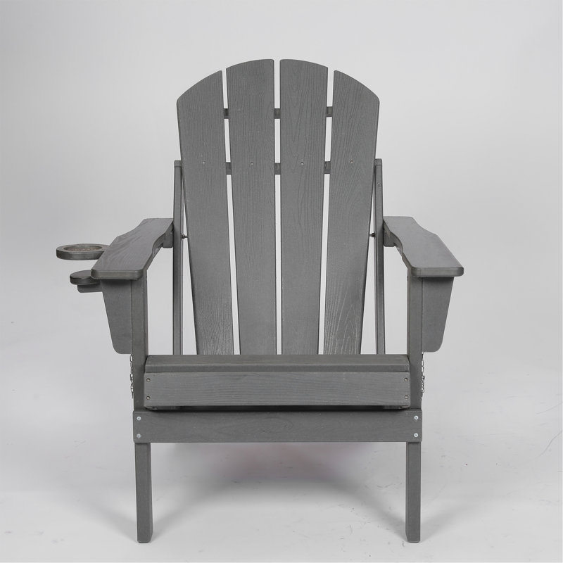 Folding HDPE Adirondack Chair with Dual Cup Holder Wood Texture, Gray