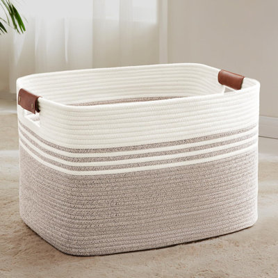 B0FNQPG7W486L Très grand panier à linge avec poignées en cuir pour le rangement dans le salon. 24 po x 16 po x 14 po, blanc