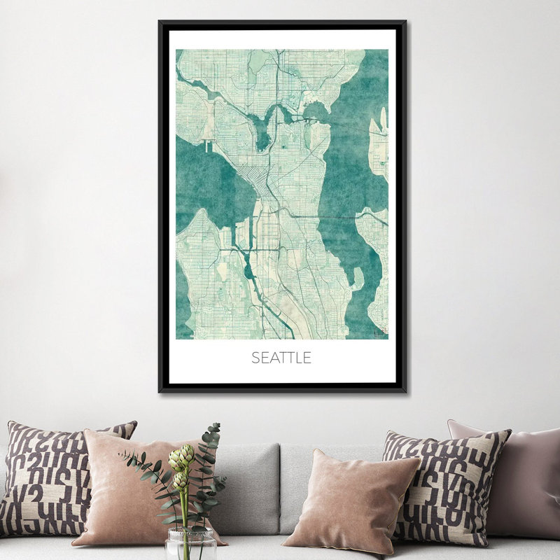 « seattle blue blue blueprint map », impression sur toile, H 60 po x l 40po x P 1,5 po, Toile avec cadre noir, Pas de tapis