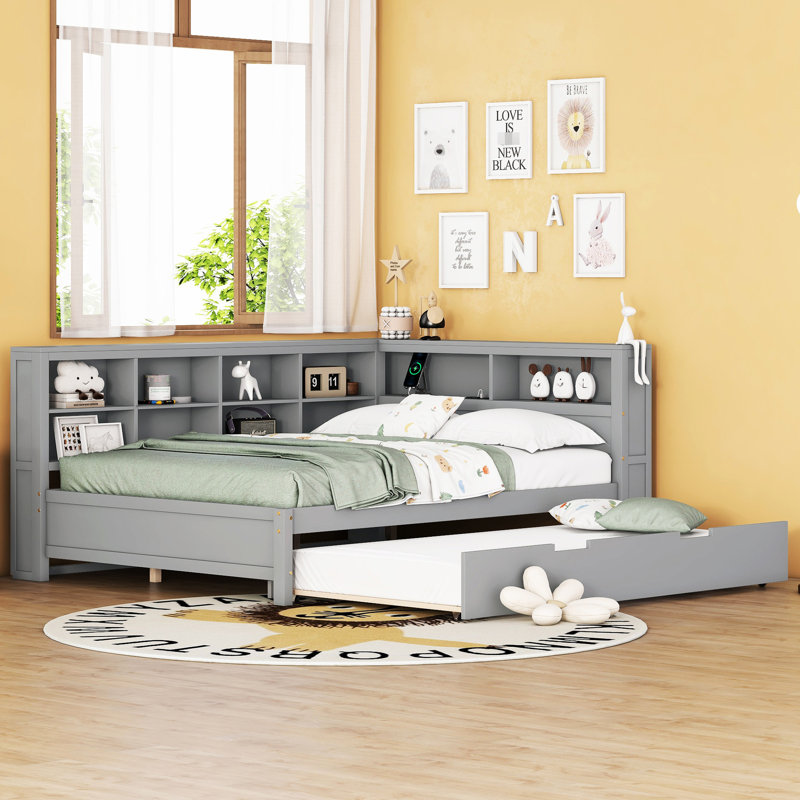 Lit de jour gris en bois pleine grandeur avec lit gigogne escamotable, tablette de rangement et charge, idéal pour une chambre à coucher au design minimaliste
