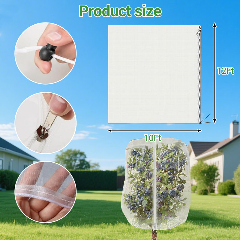 Extra Large Fruit Tree Netting Bag with Drawstring and Zip, 365 x 300 cm/143.7 x 118.1 in 60 Mesh Reusable Plant Cover Net for Garden Plants, Vegetables and Shrubs