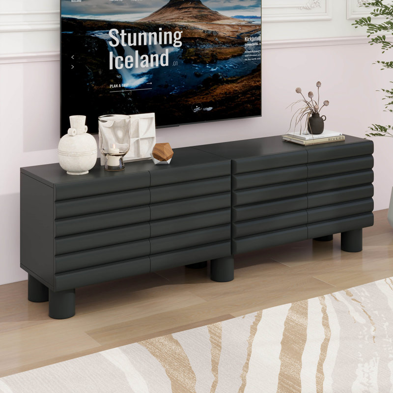 Meuble télé de style crème, console multimédia à porte ondulée épaisse avec 4 armoires, centre de divertissement moderne avec pieds cylindriques