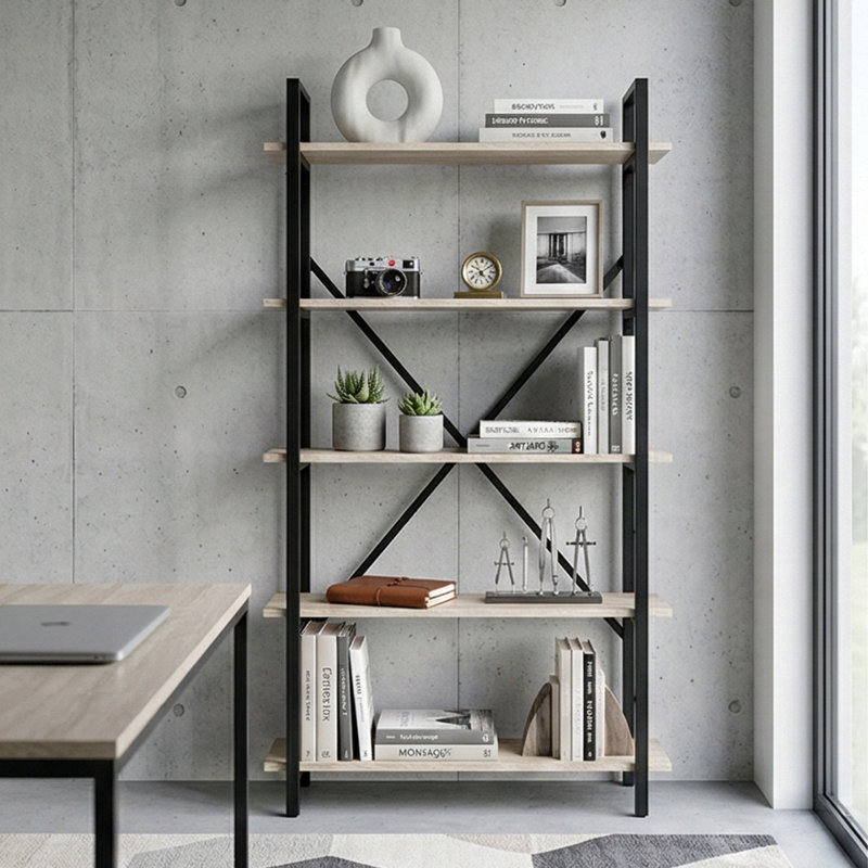 Bibliothèque étagère à 5 niveaux Urban Loft, Noir / travertin