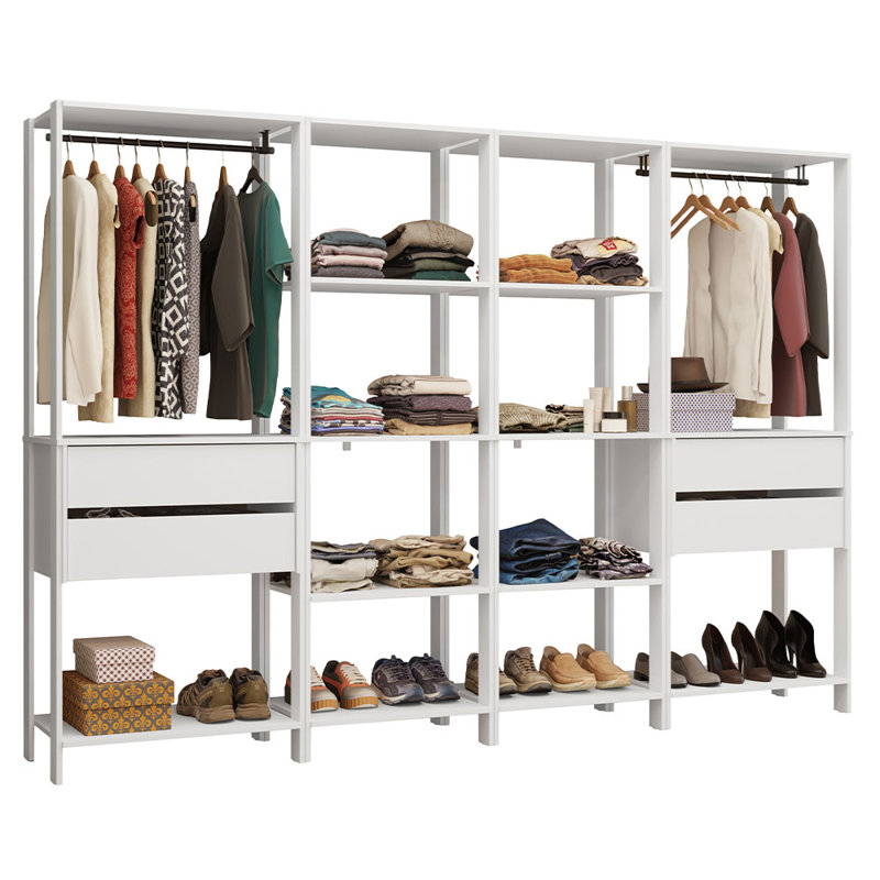  Wardrobe Clothes Storage Rack with 4 Drawers, Open Shelves and Hanging Spaces 102"L Multiuse Modular Cabinet for Bedroom Organization - Black/Brown