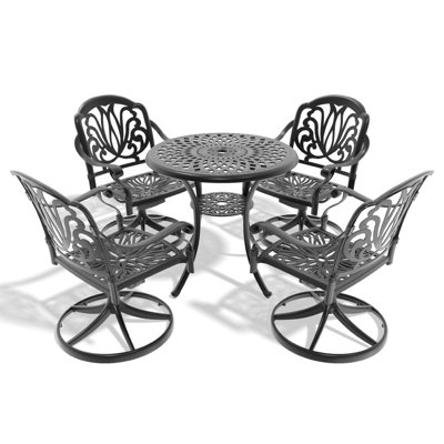 Ensemble de salle à manger 5 pièces en aluminium coulé résistant aux intempéries, comprenant 4 chaises pivotantes et une table ronde de 30,71 po avec structure noire