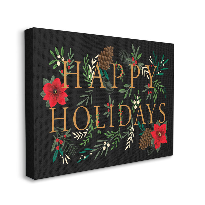 Joyeuses fêtes, accueil, typographie festive, feuillage d'hiver encadré, art texturé noir par Heather Mclaughlin