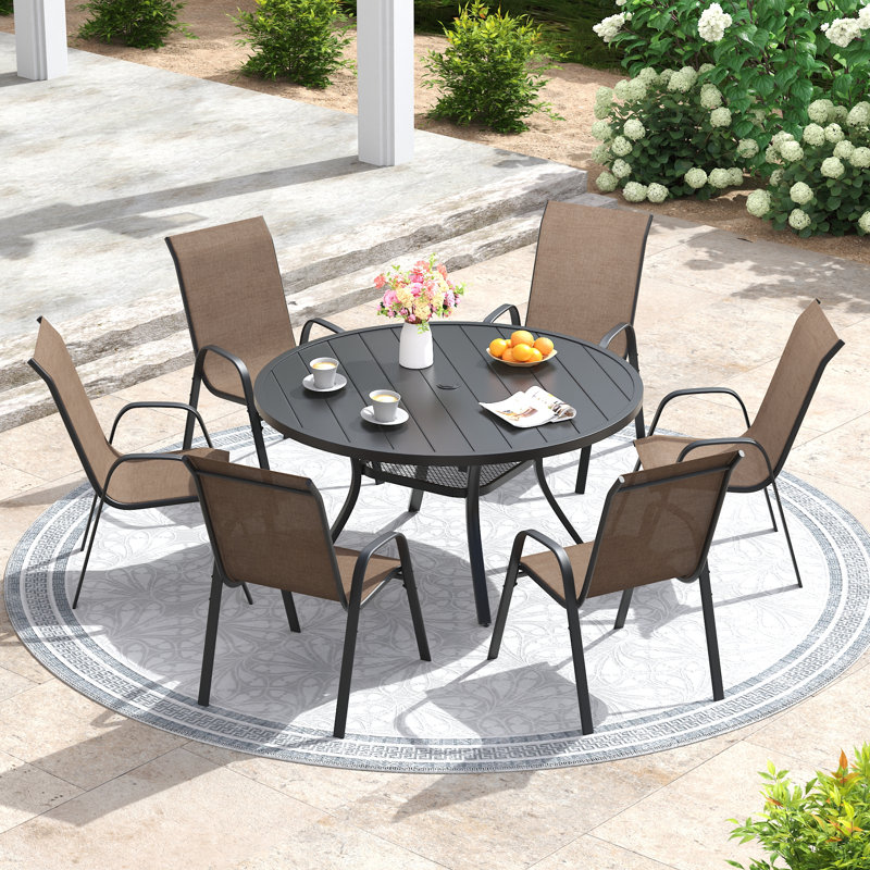 Ensemble repas pour patio 6 personnes avec chaises empilables, H 28 po x l 47,2 po x P 47,2 po, Noir / brun, 6