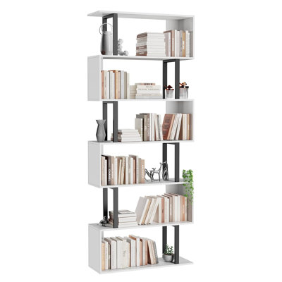 Bibliothèque à 6 niveaux en forme de S, une étagère de rangement décorative moderne en bois autoportante