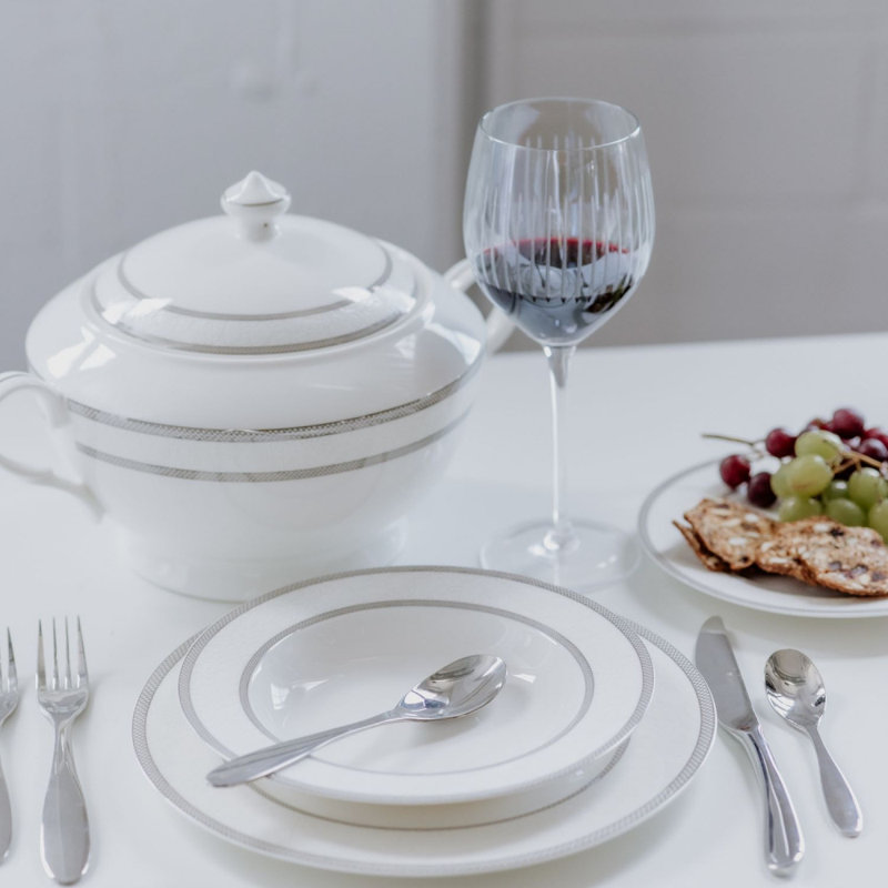 Floral Lace 18 Piece Dinnerware Set, White/Silver