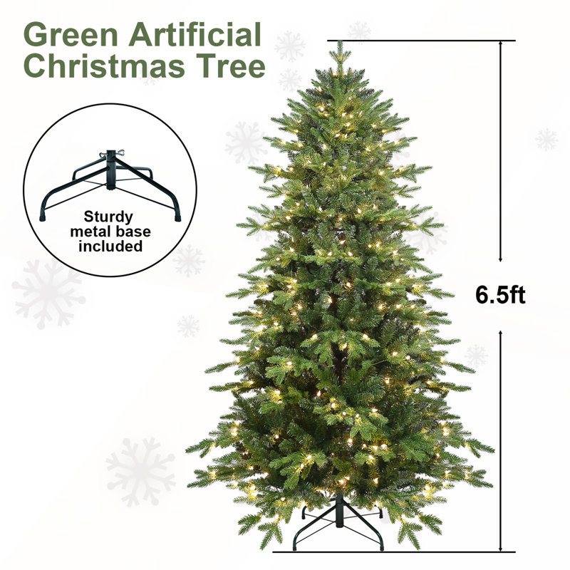 Arbre de Noël vert 6,5 pi en PVC + PE avec 350 lumières UL blanc chaud, 2142 pointes, branches articulées, aiguilles réalistes, support en métal robuste, assemblage facile