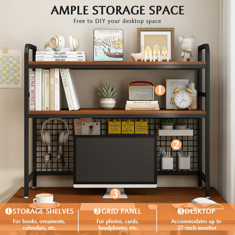 2-Tier Desktop Hutch Bookshelf - Metal Desk Shelf Bookcase with Grid Panel