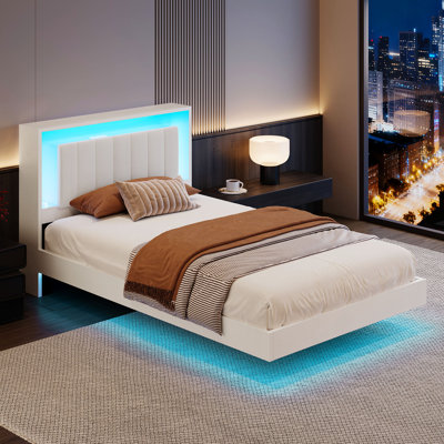 Platform Bed With Barn-Door Headboard, Built-In Lighted Socket & Hidden Storage Space