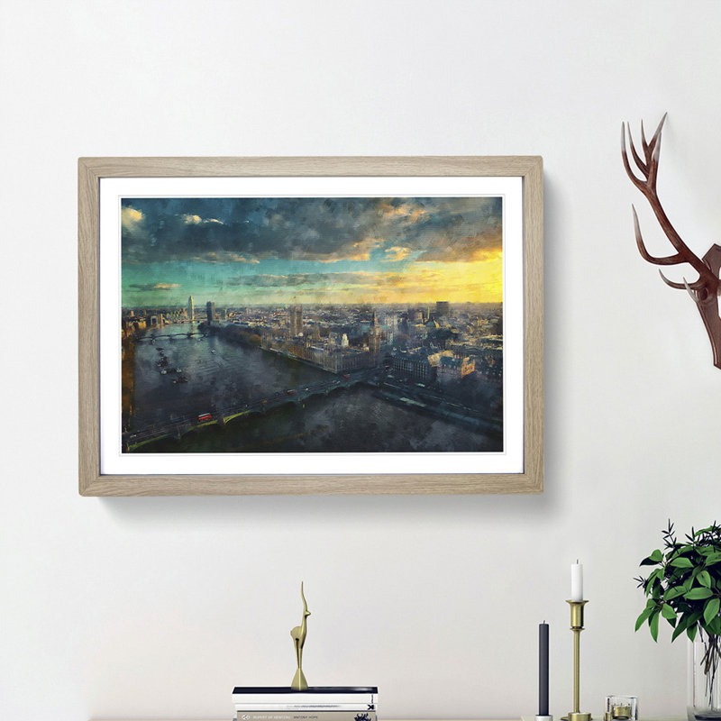 Big Ben & The London Skyline - Single Picture Frame Painting on MDF, 36cm H x 48cm W x 2cm D, Oak Framed