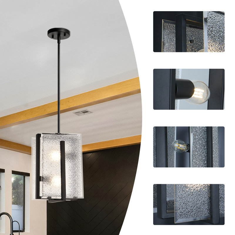 2-Light Frosted Glass Square/Rectangle Modern Pendant Light, Matte Black