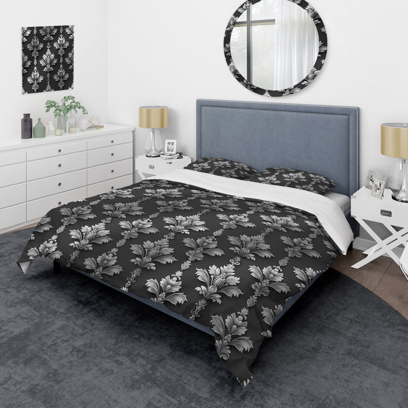 Ensemble de housse de couette transitionnel gris et blanc à motif damassé VI
