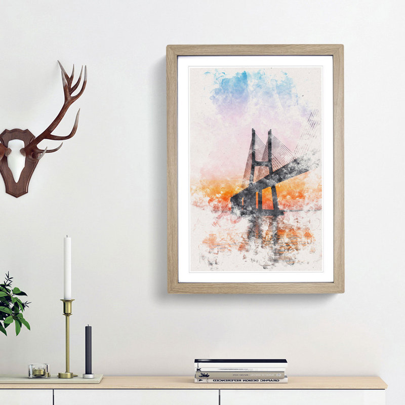 Vasco da Gama Bridge in Portugal - Picture Frame Graphic Art, 63cm H x 45cm W x 2cm D, Oak Framed