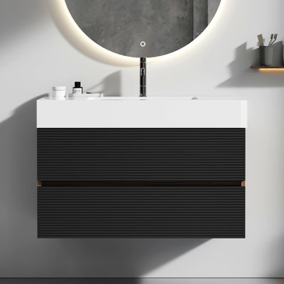 Table de salle de bain Grace de 36 po en noyer - Fixation murale avec lavabo blanc brillant et console noire mate, tiroirs de rangement pour dossiers suspendus