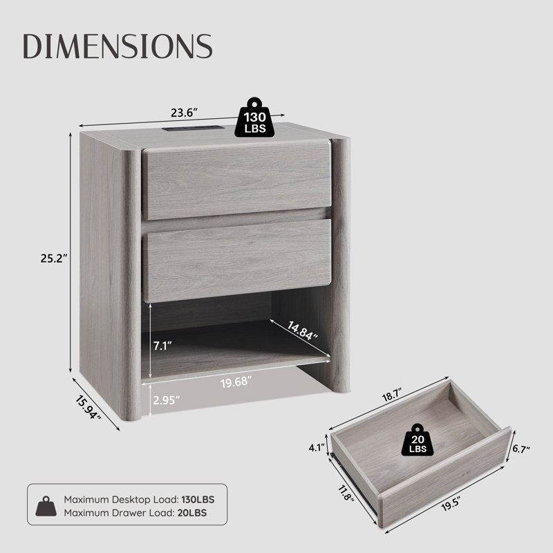Bolanos 25" Tall Modern Nightstand with Charging Station, Wood Bedside Table w/2 Storage Drawers & Open Shelf, Rounded Corner Design for Bedroom