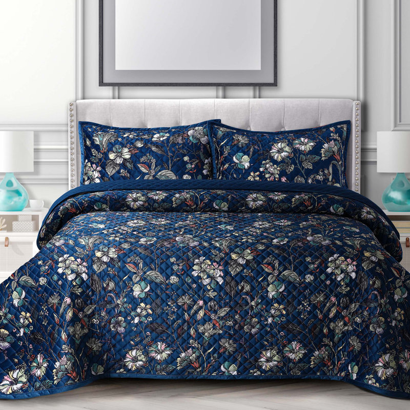 Amara Velvet Floral Quilt, King Quilt + 2 King Shams, Blue