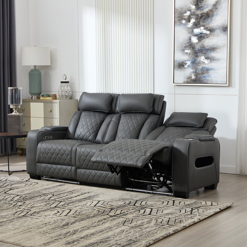 Faux Leather Electric Reclining Sofa, Charcoal, 3