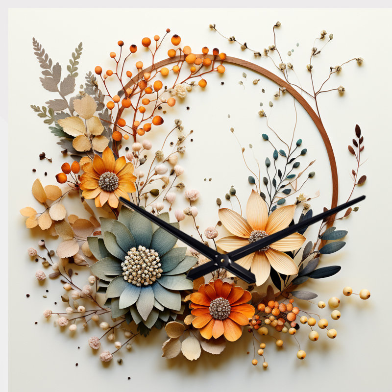 Couronne florale beige et orange I - Horloge murale en forme de couronne, impression de forme traditionnelle, Grand