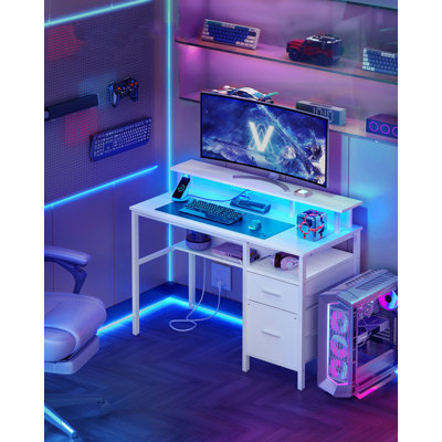 Computer Desk With Fabric Drawers, Study Desk With Monitor Stand, LED Lighting, 55 X 120 X 90 Cm, Built-In Power Outlets, 2 USB-A Ports, For Home Office, Maple White