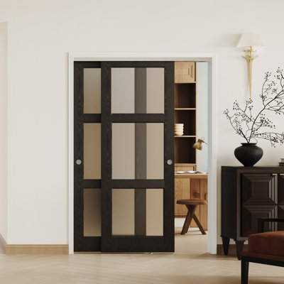 2 MDF Interior Doors With Aluminum Hardware - 3 Lite Frosted Glass Black Textured Bypass Sliding Door System With Soft-Close Mechanism